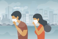People wearing face masks tor protect smoke, pm 2.5, dust and air pollution in city, factory pipes and industrial smog vector illustration. Environment and air pollution concept background