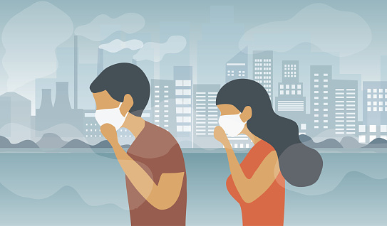 People wearing face masks tor protect smoke, pm 2.5, dust and air pollution in city, factory pipes and industrial smog vector illustration. Environment and air pollution concept background